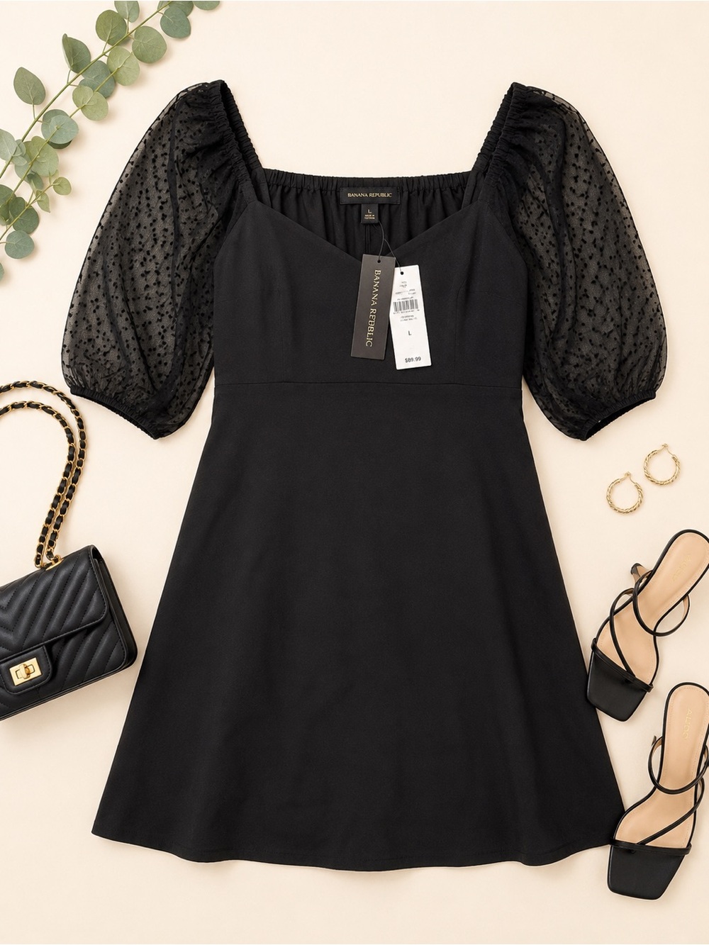 NWT Banana Republic Black Swiss Dot Puff Sleeve Mini Dress Large